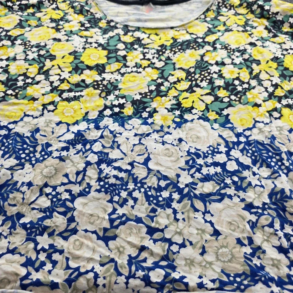 Free People FP Movement Floral Top Long Sleeve Cotton Boho Tee Large Blue Yellow